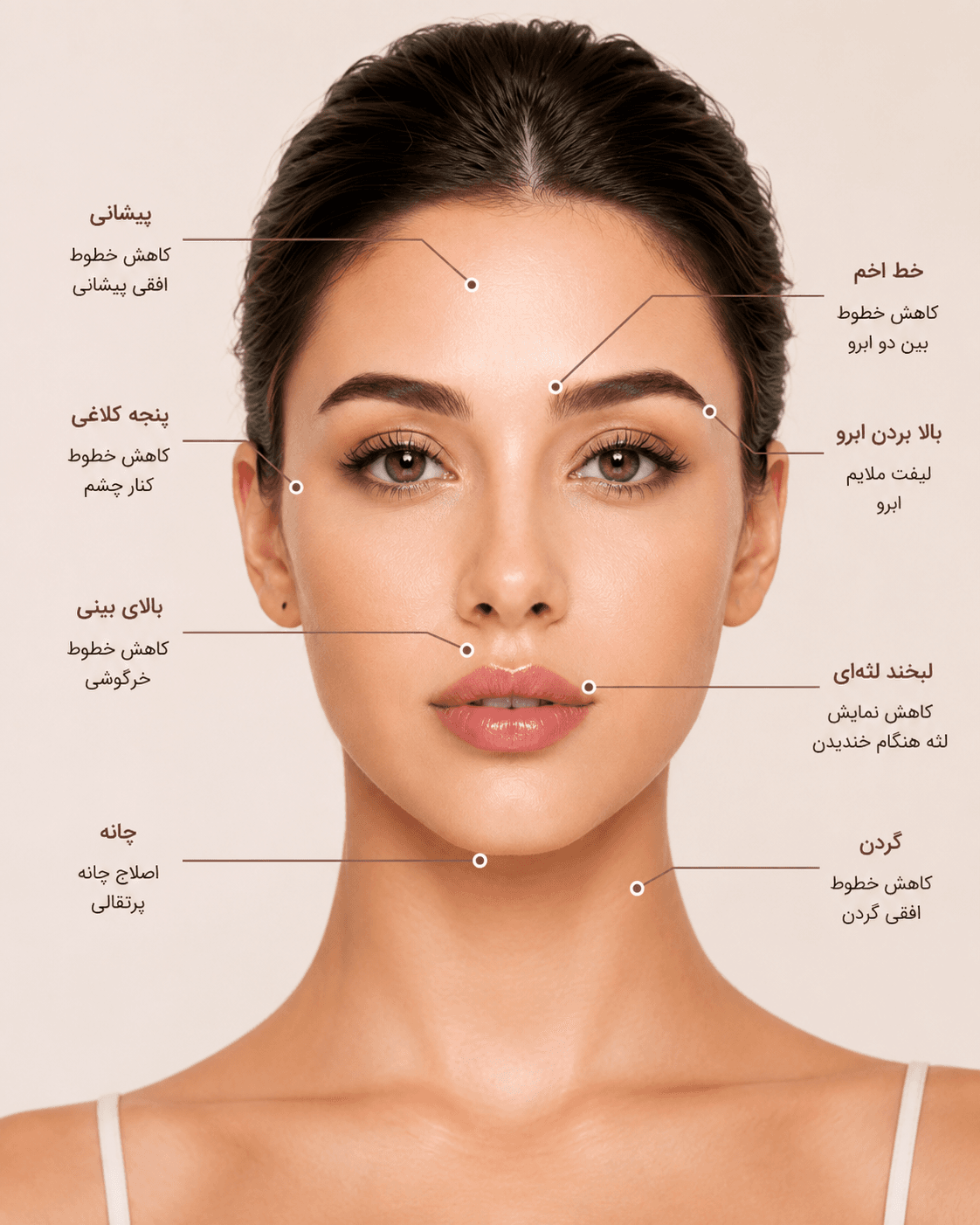 نمای روبهروی صورت برای نمایش نواحی رایج بوتاکس