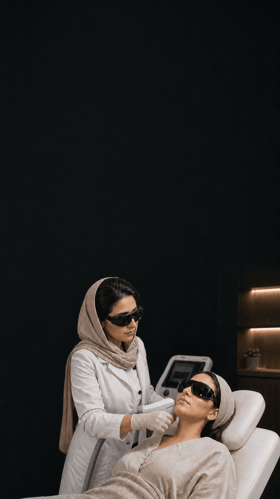 لیزر موهای زائد صورت با عینک محافظ برای مراجعهکننده و اپراتور